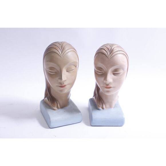 Art Deco, Lady Head Book End, Set of Two, 7 Inches, Plaster  Art Deco, Lady Head Book End, Set of Two, 7 inches, Plaster Statues, Decorative
